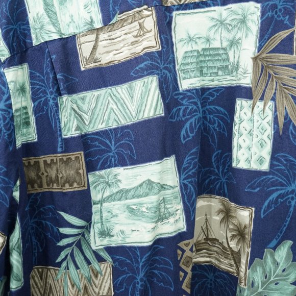 Vintage Hawaiian Shirt Pride of Hawaii Mens 2XL Palm Trees Ships Huts Pattern - Picture 6 of 6